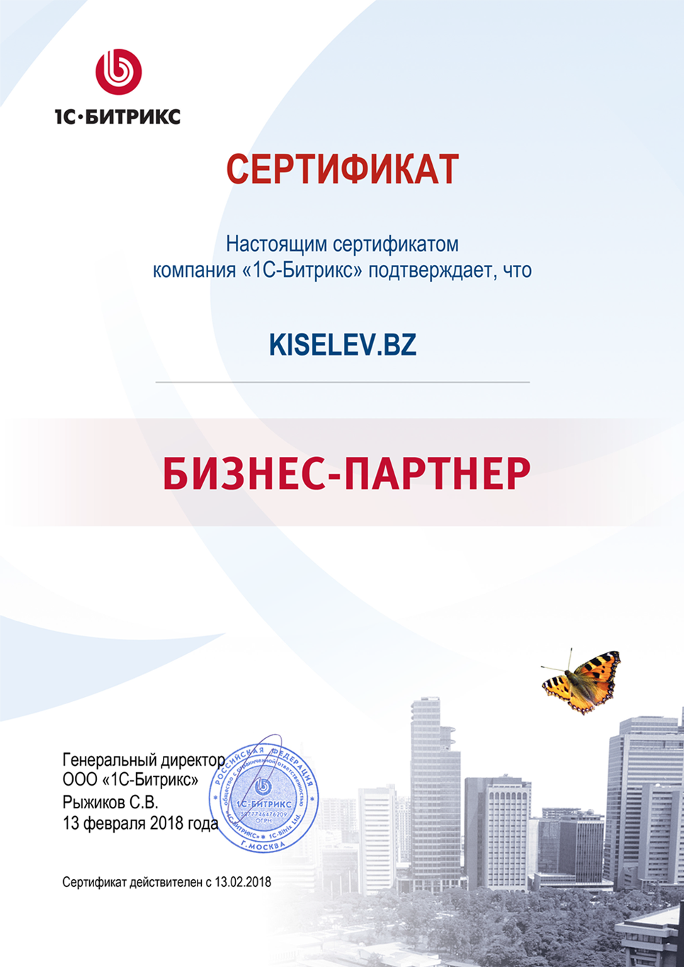 Сертификат партнёра по СРМ системам в Курильске